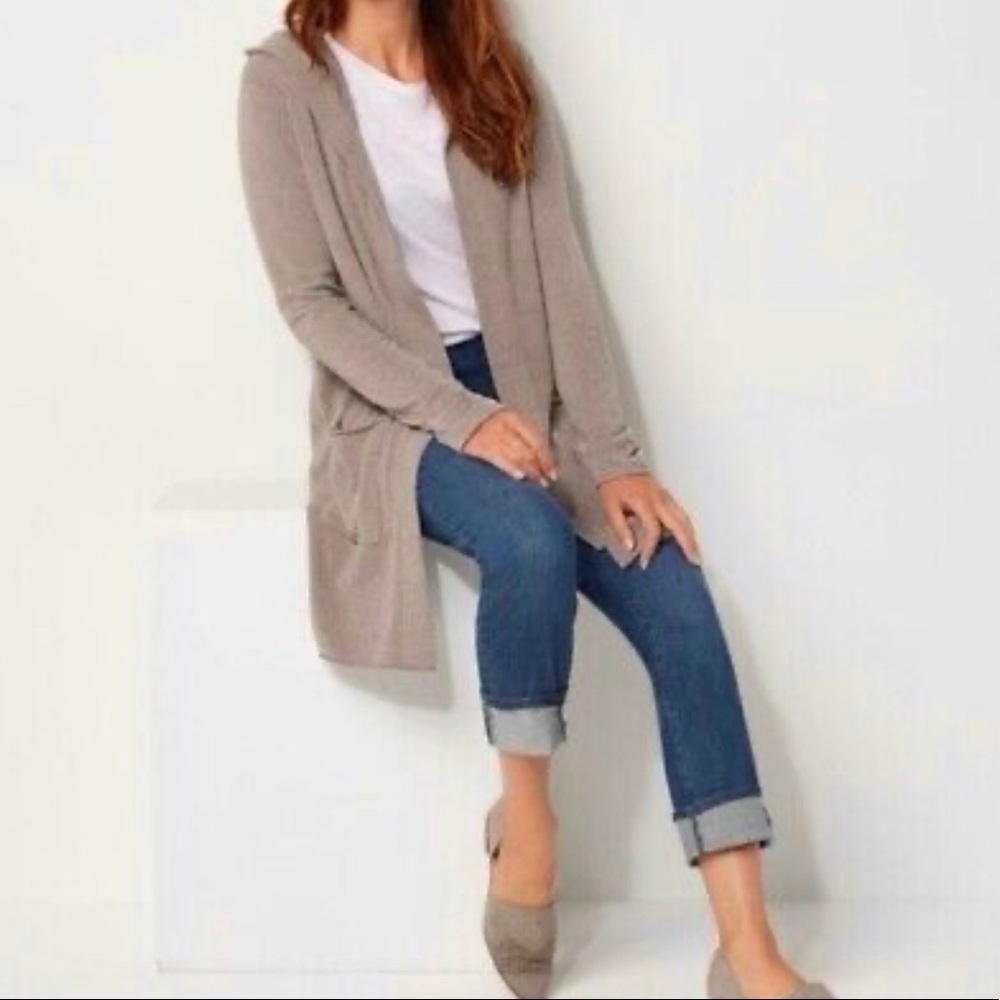 Barefoot Dreams Cozy Chic Lite Hooded Open Cardigan in Taupe size XS